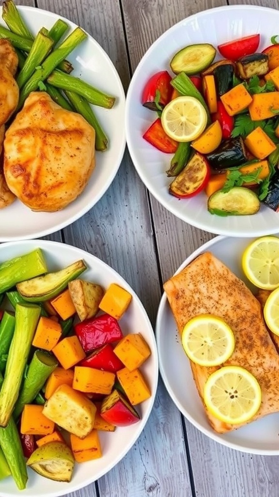 Healthy air fryer dinner spread with chicken, vegetables, and salmon on a wooden table.